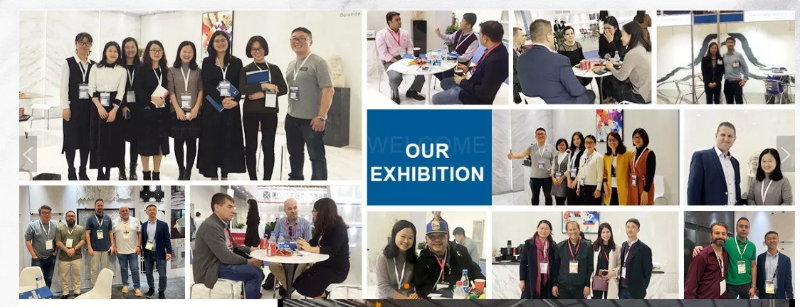 A collage of photos from stone and tile trade show booths, meeting international visitors and partners