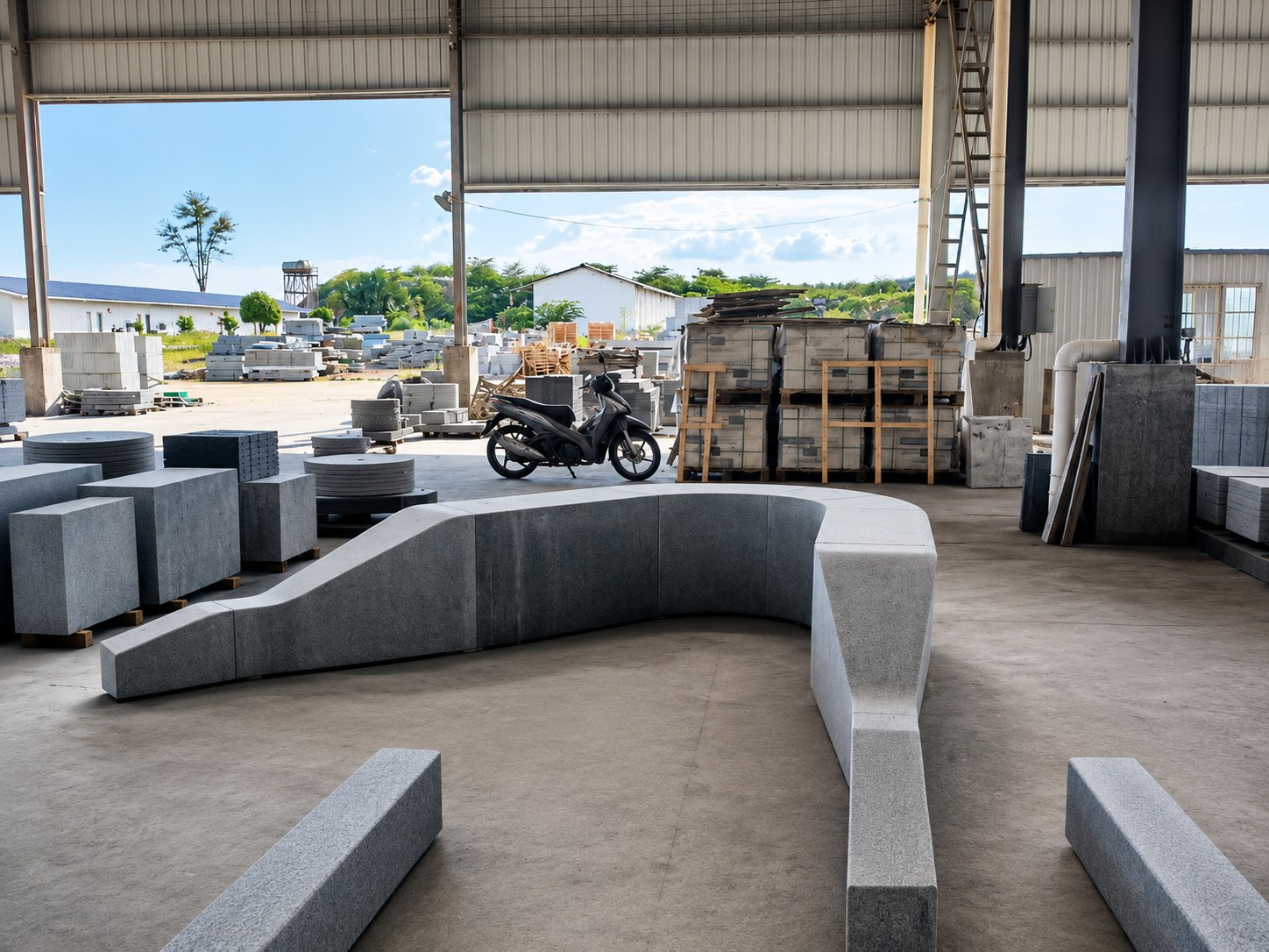A Cambodia Salt and Pepper granite bench cut into a sculptural ramped profile inside a factory