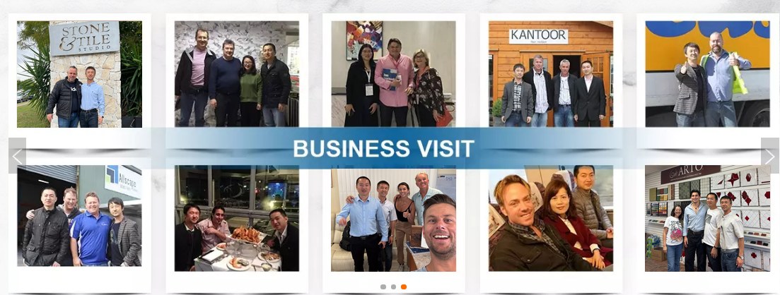 A collage of photos from business visits to distributor showrooms and fabrication shops
