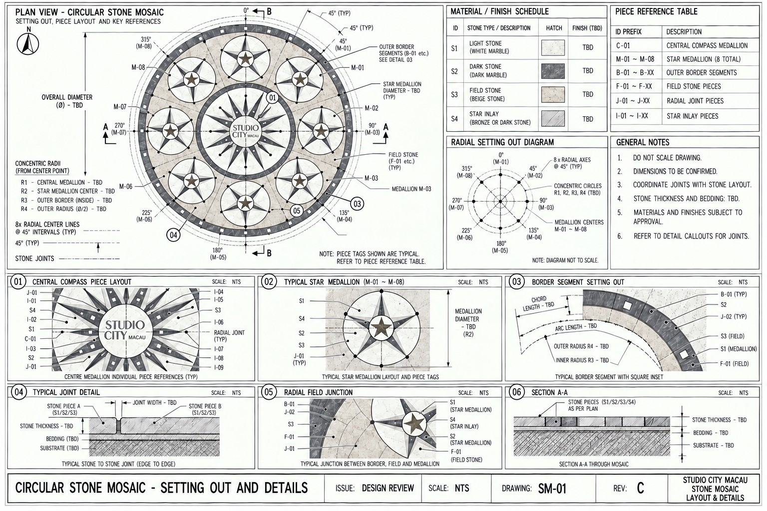 A technical setting-out drawing for the Studio City Macau stone mosaic, showing plan view, material schedule, piece reference table and detail call-outs
