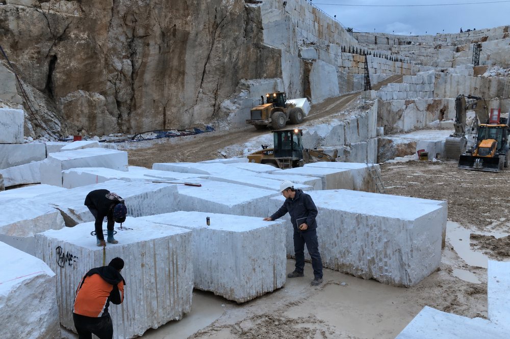 Blocks being measured and marked at a Volakas marble quarry