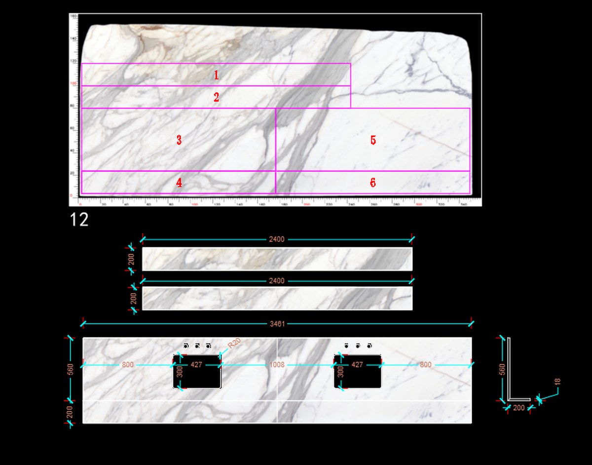 Nesting plan showing cut pieces laid out on a marble slab, with dimensioned fabrication drawings below