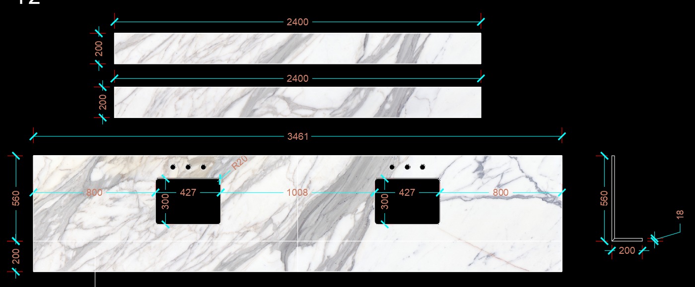 Shop drawing of a stone vanity top showing dimensions, sink cutouts and edge profile