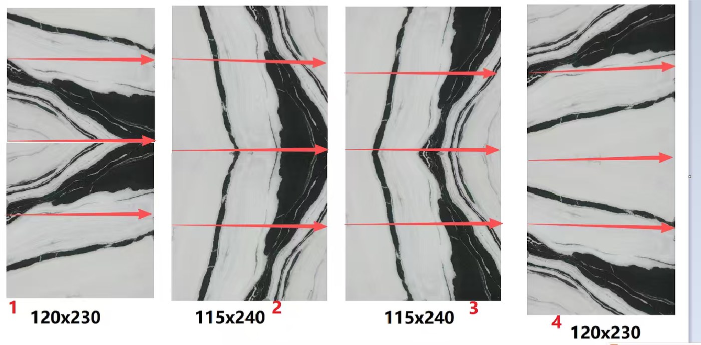 Diagram of four marble panels with vein direction marked by arrows and panel sizes 120 by 230cm and 115 by 240cm