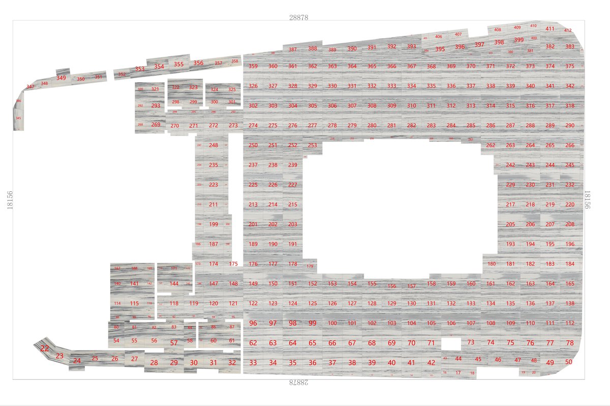 Numbered layout plan showing every individual stone piece and its position in a large floor