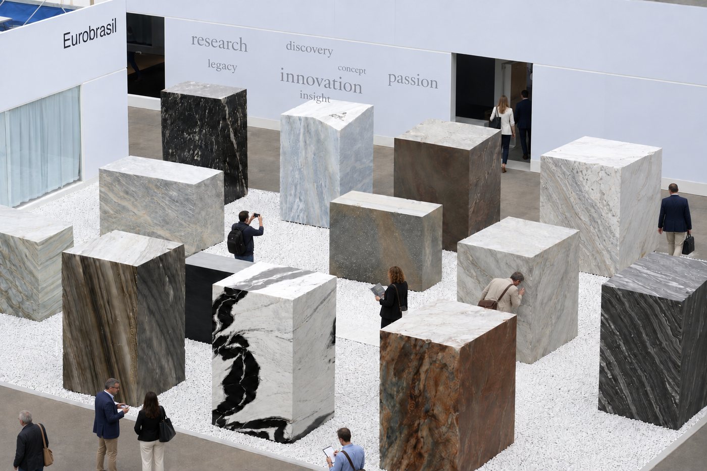 Stone blocks on display at an international stone trade fair